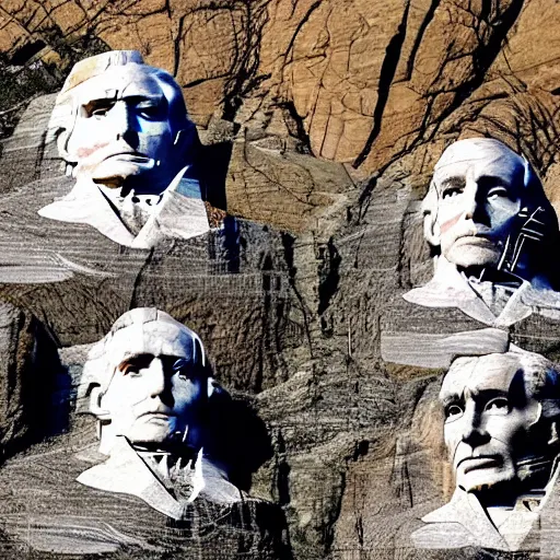 Prompt: donald trump's face carved into the rock on mount rushmore. the photo clearly depicts donald trump's facial features next to other former presidents, at a slightly elevated level, depicting his particular hair style carved into the stone at the mountain top, centered, balances, regal, pensive, powerful, just