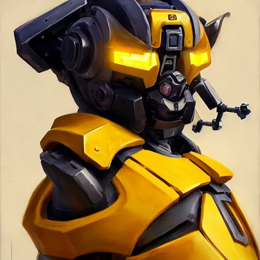 Image similar to greg manchess portrait painting of bumblebee the transformer as overwatch character, medium shot, asymmetrical, profile picture, organic painting, sunny day, matte painting, bold shapes, hard edges, street art, trending on artstation, by huang guangjian, gil elvgren, ruan jia, greg rutkowski, gaston bussiere