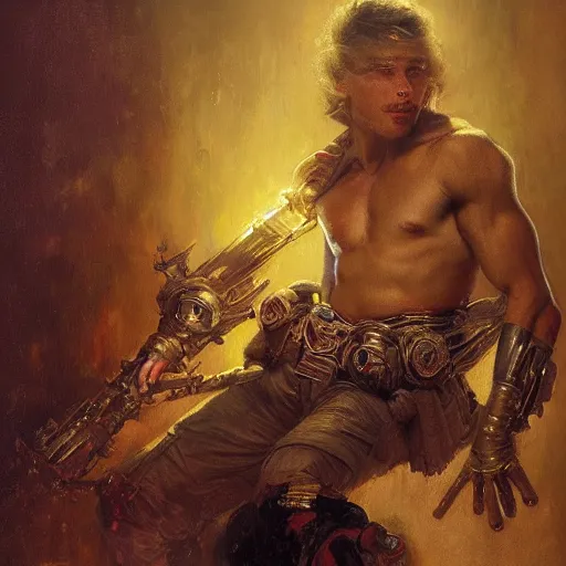 Image similar to handsome portrait of a young guy fitness posing, war hero, joyful, radiant light, caustics, by gaston bussiere, bayard wu, greg rutkowski, giger, maxim verehin