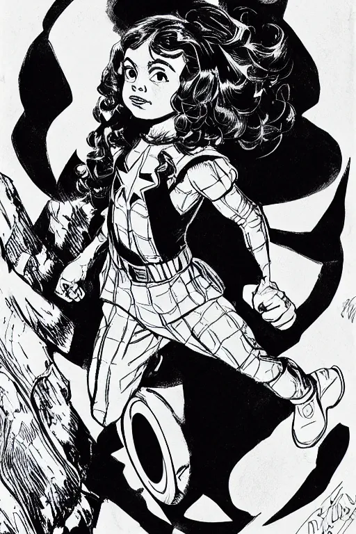 Image similar to a little girl with a mischievous face and light brown curly wavy hair. she is dressed as captain america, spider - man, batman, captain marvel, a superhero. clean elegant painting, beautiful detailed face. by steve ditko and jack kirby and greg rutkowski