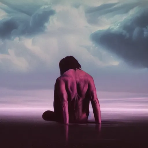 Image similar to a weeping demon crouching in the middle of a shallow sea, purple sky and black clouds, in style of Francis Bacon, hd, 8k resolution, high detail