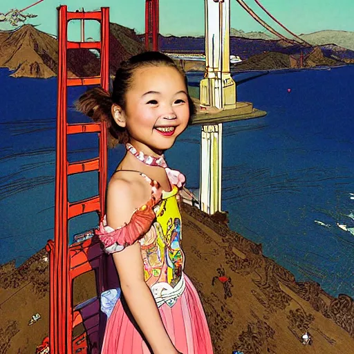 Prompt: a chinese caucasian mixed race hapa five - year - old girl, dressed as a ballerina, balancing on the golden gate bridge, smiling into the camera, portrait, wide shot, sunset illustration, pop art, splash painting, art by geof darrow, ashley wood, alphonse mucha