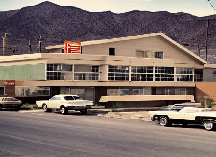 Image similar to a midcentury modern motel in reno nevada in the year 1 9 6 7