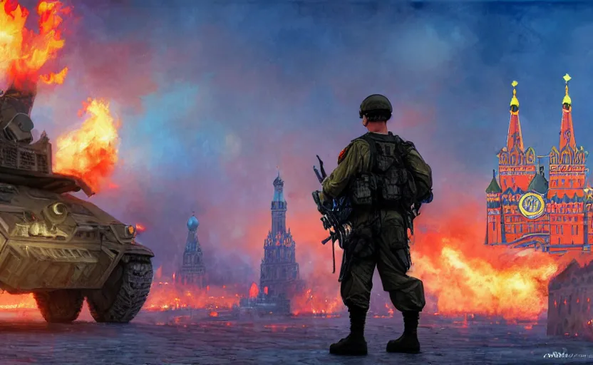 Image similar to special forces soldier with ukrainian blue and yellow shoulder patch watches red square kremlin burn in the background, d & d, fantasy, bright atmosphere, volumetric lights, intricate, elegant, extremely detailed, digital painting, artstation, concept art, matte, smooth, sharp focus, hyper realistic, illustration, art by artgerm and greg rutkowski and alphonse mucha