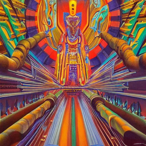 Prompt: mural of dmt entity encounter, charles abel corwin, frank lloyd wright, highly detailed, hyper realism, sharp focus, detailed faces