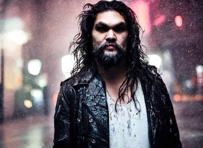 Image similar to closeup portrait of emo vampire goth jason momoa standing in the rain in a dark cyberpunk city, heavy make - up running down face, neon reflections in the puddles, portra 4 0 0 candid photograph portrait by annie leibovitz, 3 5 mm macro shot, f / 3 2, hyperrealistic, cinematic lighting, hd wallpaper, 8 k, 4 k