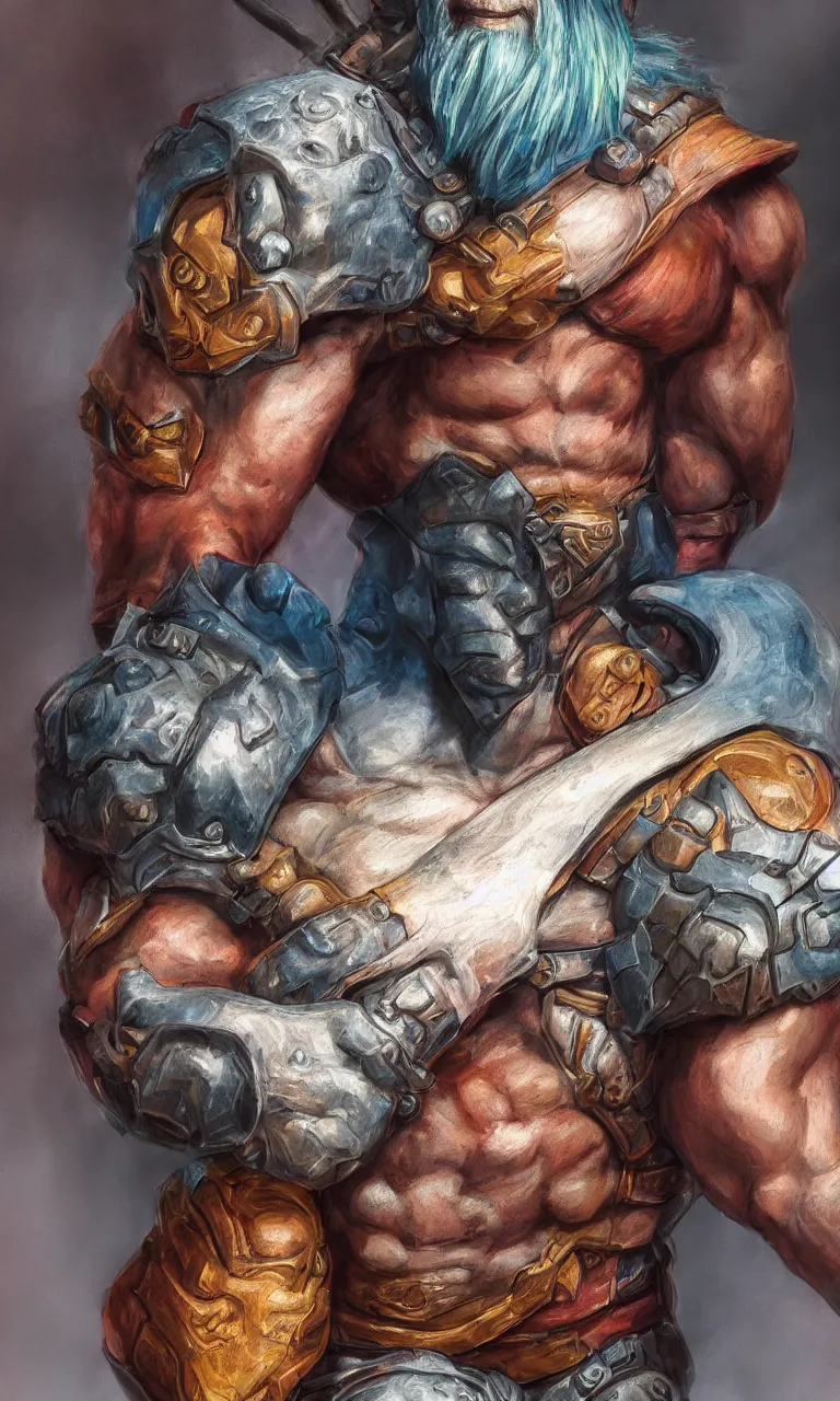 Image similar to hyper realistic half body portrait of heman, vivid color scheme