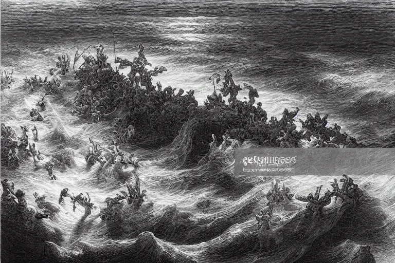 Image similar to aerial view, the biblical crossing of the red sea, Gustave Dore lithography