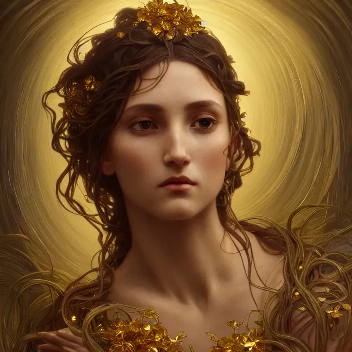 Image similar to portrait of gaea goddess with thin gold tendrils, intricate, elegant, highly detailed, digital painting, artstation, concept art, smooth, sharp focus, illustration, art by artgerm and greg rutkowski and alphonse mucha and william - adolphe bouguereau