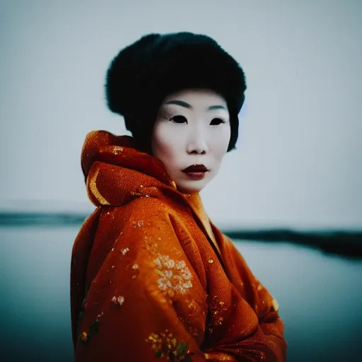 Prompt: portrait photograph of an elegant ginger Asian woman wearing a black kimono in the Arctic. super resolution. 85 mm f1.8 lens.bokeh.graflex. Alessio albi