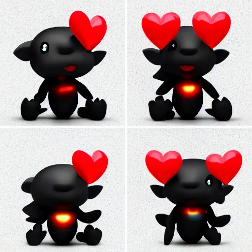 Image similar to cute fumo chibi plush imp, black and white with red hearts, glowing lens flare, distortion, soft shadow, vray, asymmetry