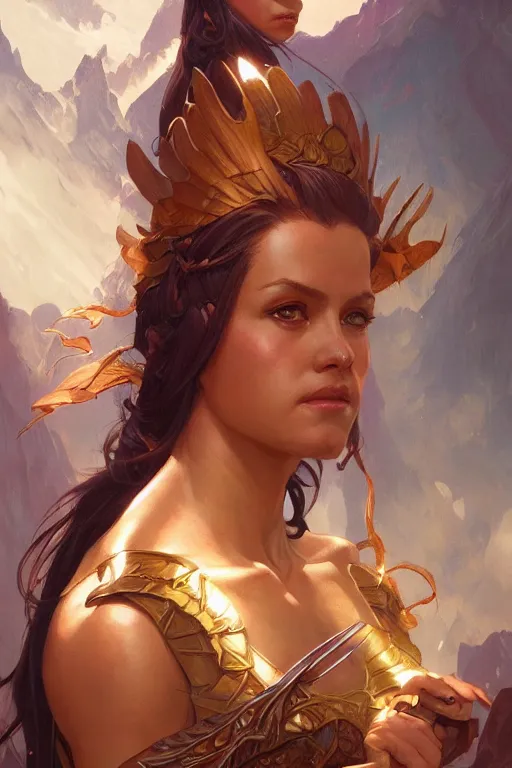 Image similar to portrait of an amazon, muscular, upper body, D&D, fantasy, intricate, cinematic lighting, highly detailed, digital painting, artstation, concept art, smooth, sharp focus, illustration, art by Artgerm and Greg Rutkowski and Alphonse Mucha