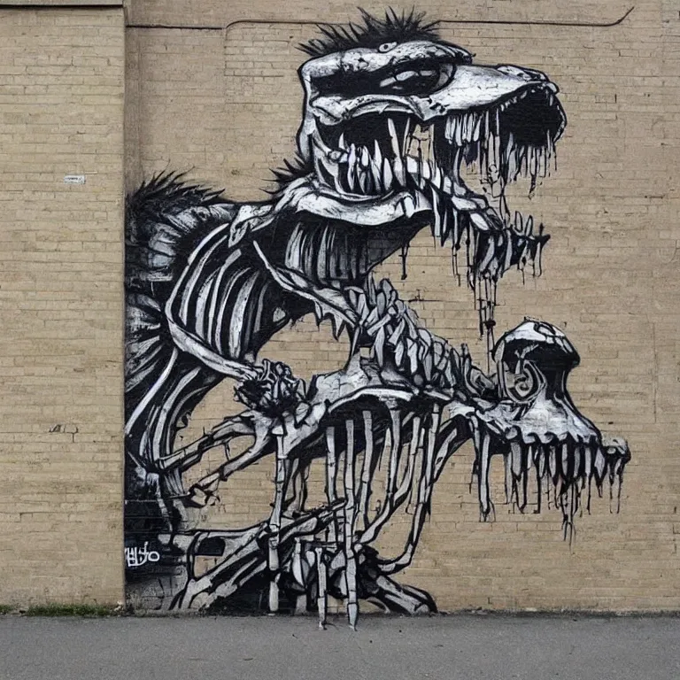 Prompt: Street-art painting of crocodile skeleton in style of Banksy, comic character, cute skeleton, cartoon style, photorealism