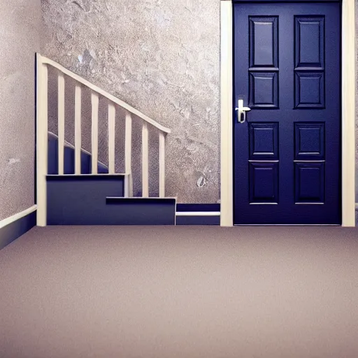 Prompt: dark nostalgic empty house at night with stairs in the middle and doors on either side, one door is closed and the door on the right is open to a blue bathroom, tan carpet