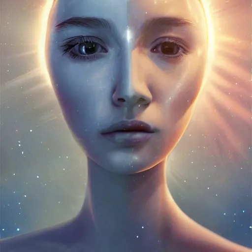 Prompt: sci - fi, close - up, 3 d, night, moon rays, sleepy fashion model face, cinematic, clouds, sun rays, vogue cover style, poster art, blue mood, realistic painting, intricate oil painting, high detail illustration, figurative art, multiple exposure, poster art, 3 d, by tooth wu and wlop and beeple and greg rutkowski