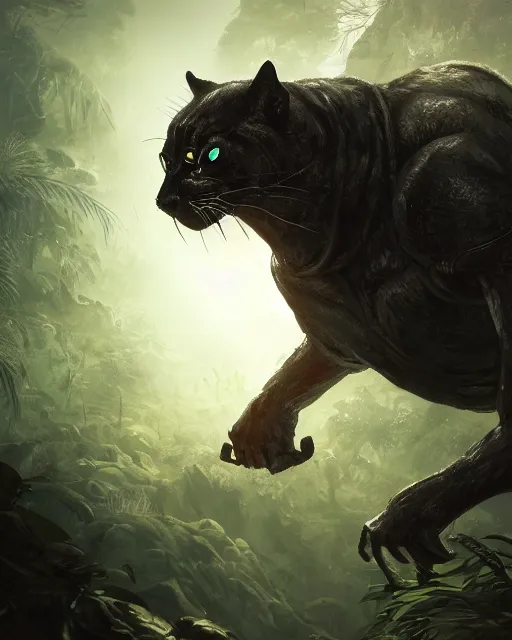 Image similar to Panther warrior in armor sneaking in jungle, portrait, dark fur, glowing eyes, magic the gathering artwork, D&D, fantasy, cinematic lighting, centered, symmetrical, highly detailed, digital painting, artstation, concept art, smooth, sharp focus, illustration, volumetric lighting, epic Composition, 8k, art by Akihiko Yoshida and Greg Rutkowski and Craig Mullins, oil painting, cgsociety