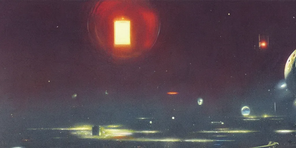 Prompt: a painting of low earth orbit space city by john harris.