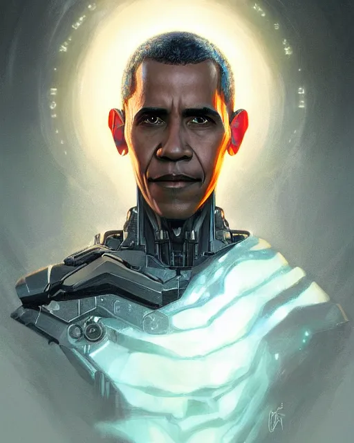 Image similar to portrait of holy cyborg barack obama, fantasy, intricate, elegant, highly detailed, digital painting, artstation, concept art, smooth, sharp focus, illustration, by artgerm and greg rutkowski