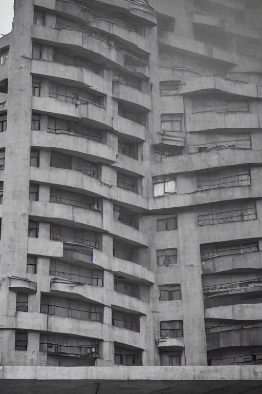 Prompt: a photograph of the russian secret service headquarters, on a misty morning. Brutalist architecture, concrete and steel. Highly detailed. Wide angle photography.