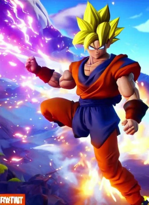 Image similar to game still of a sayan goku as a fortnite skin in fortnite by fortnite, pose.