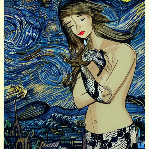 Image similar to A beautiful computer art of a woman with long flowing hair, wild animals, and a dark, starry night sky. snakeskin by Jean-Louis Forain