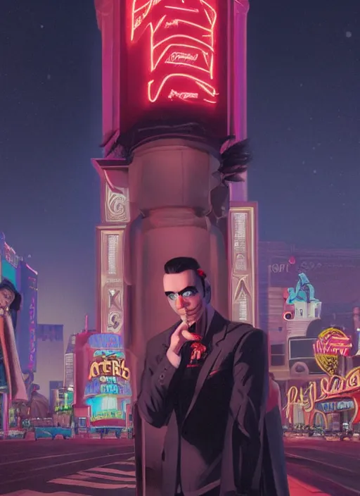 Image similar to 35mm kodak portra portrait a vampire on the Las Vegas strip at night by tomer hanuka and tom bagshaw, handsome face, hyper realism, high detail, octane render, 8k, trending on artstation, CGsociety, concept art