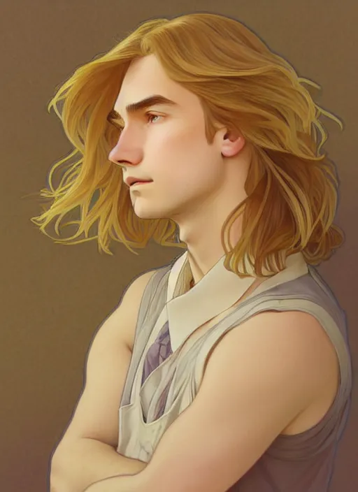 Prompt: pretty young man with shoulder length shiny shimmering golden blond hair, head down, demure, shy, path traced, highly detailed, high quality, digital painting, by studio ghibli and alphonse mucha, leesha hannigan, disney