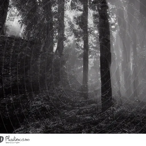 Image similar to creepy spiral stairway in middle of forest, spiral stairs leading to nowhere!, dark foggy misty colors!, dark forest from evil realm