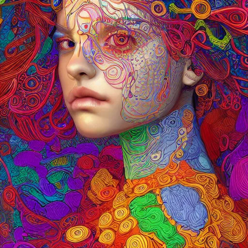 Image similar to the portrait of a beautiful young woman partially made up of peppers of all colors, an ultrafine detailed illustration by james jean, intricate linework, bright colors, final fantasy, behance contest winner, vanitas, angular, altermodern, unreal engine 5 highly rendered, global illumination, radiant light, detailed and intricate environment