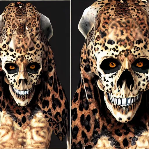 Image similar to Skull that look too much like skull!, an 8k CG character rendering of a spider-like hunting female on its back, fangs extended, wearing a leopard-patterned dress, set against a white background, with textured hair and skin.