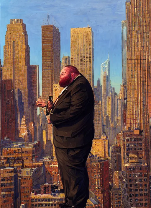 Prompt: a fat redheaded man with beard talking on a cell phone manhattan skyline in the background, intricate, elegant, highly detailed, centered, digital painting, artstation, concept art, smooth, sharp focus, illustration, art by james gurney and donato giancola and Joseph Christian Leyendecker