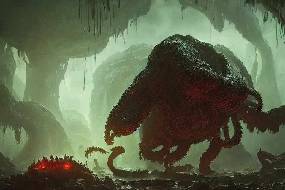 Image similar to huge jungle slime monster, apocalyptic goo creature, eldritch horror, character art by Greg Rutkowski, 4k digital render