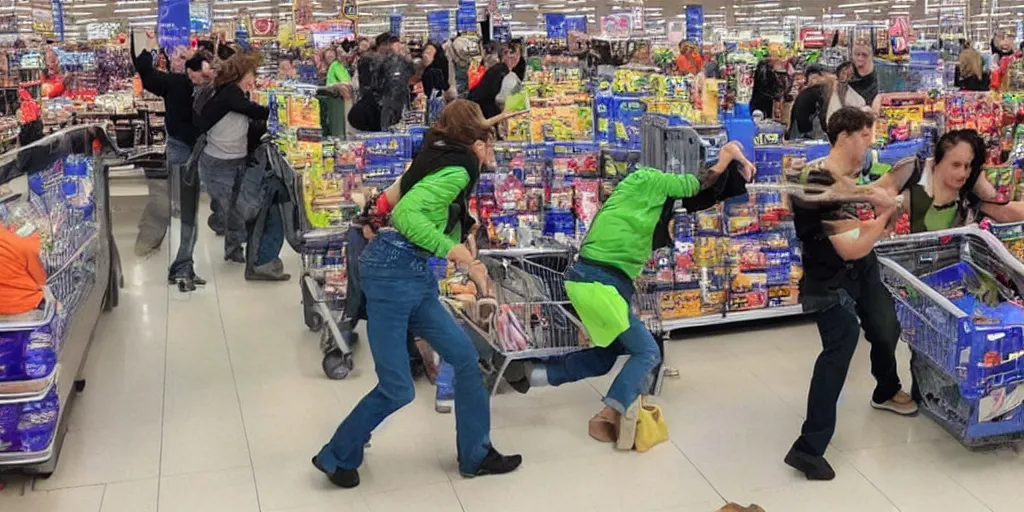 Prompt: a highly detailed photo of aliens fighting with Walmart customers, hilarious