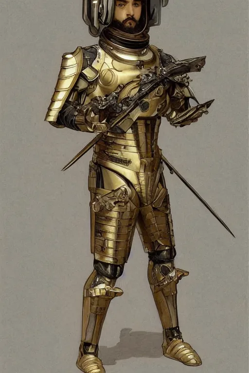 Prompt: a full body art nouveau portrait of a fully armored samurai astronaut bearded man, intricate, elegant, highly detailed, digital painting, artstation, concept art, smooth, sharp focus, illustration, art by John William Waterhouse and William Adolphe Bouguereau and Donato Giancola and Alphonse Mucha