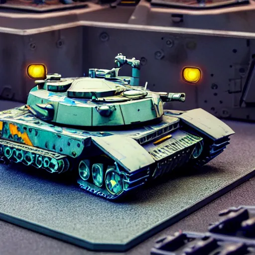 Image similar to a futuristic battletank with blue camouflage paint, long main gun, heavy machinegun on top, science fiction, coherent, studio lighting, zoomed out product photography, simon stalenhag, detailed painted games workshop miniature