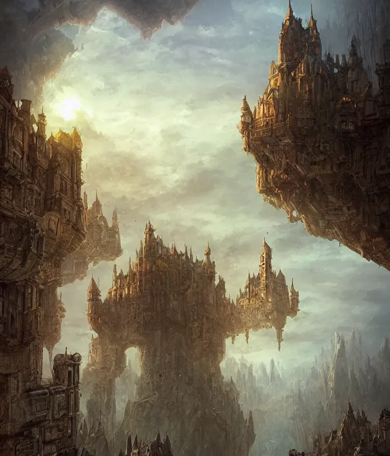 Image similar to a painting of a city castle floating in the air, flying island, levitating citadel, a matte painting by marc simonetti, deviantart, fantasy art, lush world above an apocalypse landscape, matte painting, apocalypse utopia art