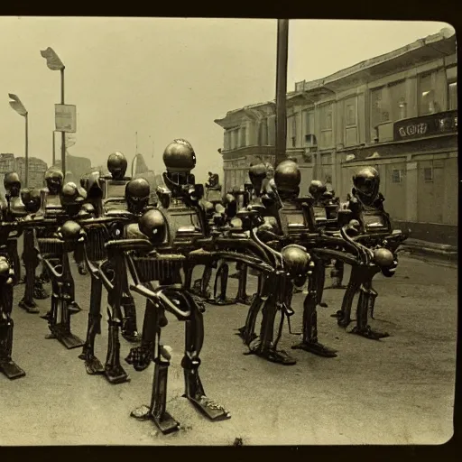 Image similar to grainy 1800s photo of a cybernetic army that is invading a city