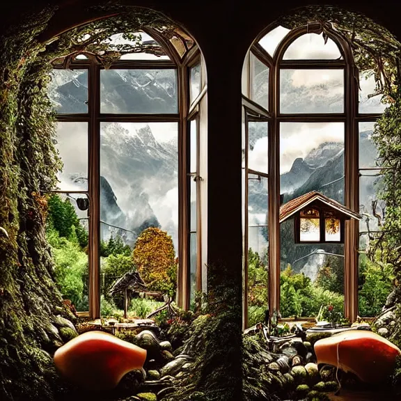 Image similar to fantastical living room with switzerland landscape in the window, beautiful dramatic lighting, overgrown with funghi, style by peter deligdisch, peterdraws