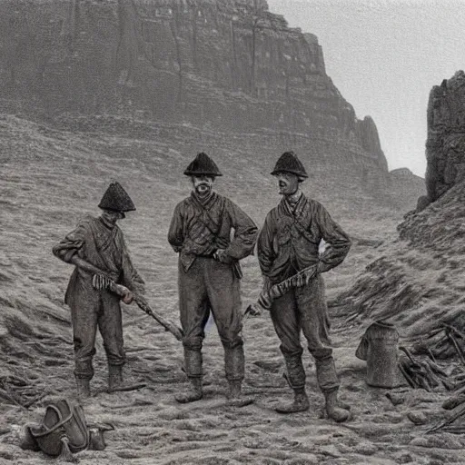 Image similar to ultra detailed photorealistic sepia - toned painting from 1 9 1 7, three british soldiers standing at an archaeological dig site in wadi rum, ultra realistic, painted, intricate details, lovecraft, atmospheric, dark, horror, brooding, highly detailed, by clyde caldwell