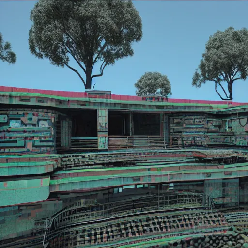 Image similar to cybernetic futuristic ndebele homestead seen from the front, highly detailed, octane rendered