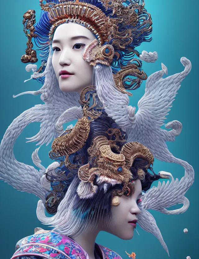 Image similar to 3 d goddess close - up profile portrait with crown, ram skull. beautiful intricately detailed japanese crow kitsune mask and clasical japanese kimono. betta fish, jellyfish phoenix, bio luminescent, plasma, ice, water, wind, creature, artwork by tooth wu and wlop and beeple and greg rutkowski