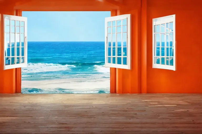 Prompt: a room with orange walls white floor contrabas, a big window with a view of the beach and sea, beautiful cinematic masterpiece very detailed