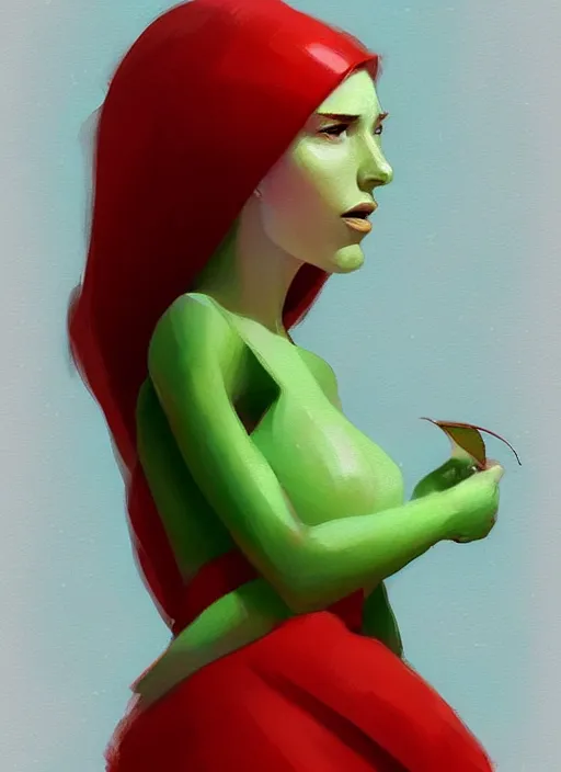 Image similar to a digital painting of a beautiful anthropomorphic humanoid female green apple wearing a red dress, by netter, style from greg rutkowski, beautiful eyes, full frame, oil painting, featured on artstation, concept art, smooth, sharp focus, illustration, very detailed, ambient lighting, unreal engine render, concept art by Atey Ghailan, by Loish, by Bryan Lee O'Malley