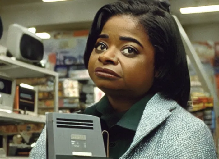 Image similar to cinematic shot of octavia spencer in an small used electronics store next to an old electronic keyboard, iconic scene from the paranoid thriller sci fi film directed by stanley kubrick, anamorphic cinematography, beautiful composition, color theory, leading lines, photorealistic, moody volumetric lighting