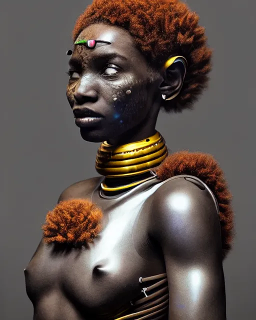 Image similar to beautiful afrofuturistic himba women holding her helmet, otjize, led detailed spacesuit, himba hairstyle, robotic arms, hyperrealistic, scifi, retouched photograph, dark, muted colors