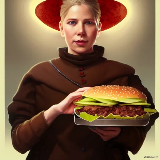 Prompt: portrait of liz cheney eating hamburgers, extra onions and ketchup, luscious patty with sesame seeds, ethereal, handsome, d & d, fantasy, intricate, elegant, highly detailed, digital painting, artstation, concept art, matte, sharp focus, illustration, art by artgerm and greg rutkowski and alphonse mucha