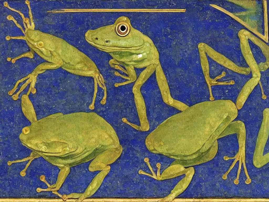 Image similar to portrait of a muscular frog. lapis lazuli, malachite, turqouise, gold. painting by piero della francesca, balthus, agnes pelton