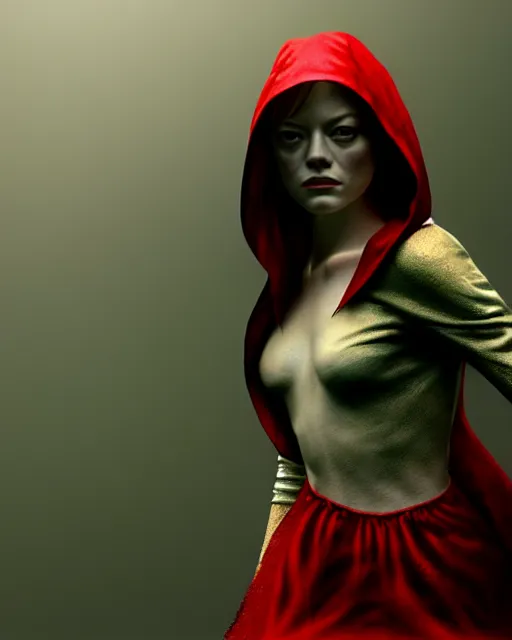 Image similar to hyperrealistic mixed media painting of Emma Stone as little red riding hood, dark foggy forest background, stunning 3d render inspired art by P. Craig Russell and Barry Windsor-Smith + perfect facial symmetry + dim volumetric lighting, 8k octane beautifully detailed render, post-processing, extremely hyperdetailed, intricate, epic composition, grim yet sparkling atmosphere, cinematic lighting + masterpiece, trending on artstation, very very detailed, masterpiece, stunning