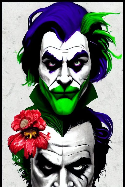 Image similar to joaquin phoenix joker issues 1, sadness, city flame, red flower, copyright by dc, comic book cover, justify content center, delete duplicate content!, violet polsangi pop art, gta chinatown wars art style, bioshock infinite art style, incrinate, realistic anatomy, hyperrealistic, 2 color, white frame, content balance proportion