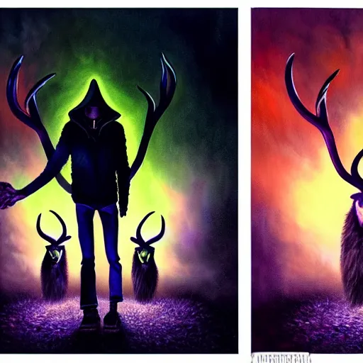 Image similar to Tim Jacobus Goosebumps art painting, artgerm, painting, Wendigo monster with deer skull face, antlers, furry brown body, tall and lanky skinny, walking through a suburb, night time, purple, green and blue colors, bright colors and saturation, ominous lighting, spooky, foggy, fog